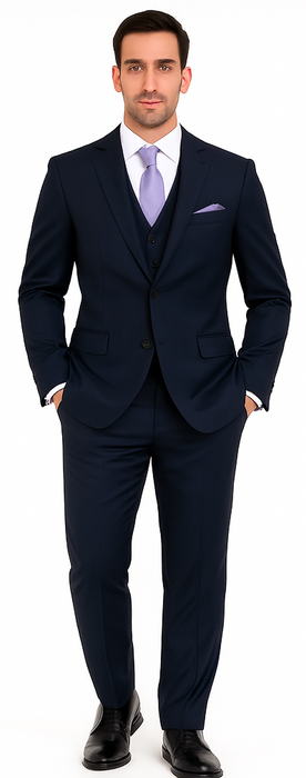 Men'S Dark Navy Slim Fit Vent Sharkskin Shiny Vested 3 Piece Suit Online Discount Fashion Sale - Dark Blue Suit Color