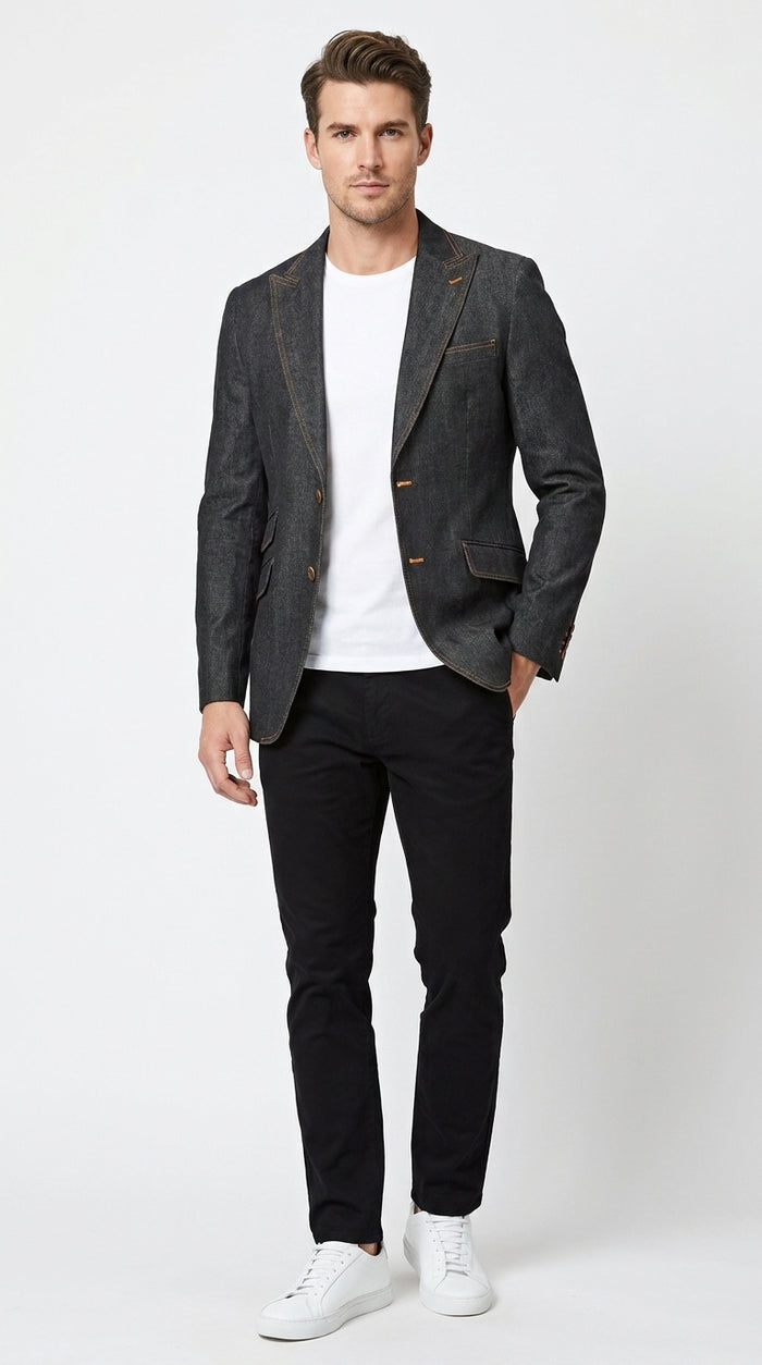 Mens Denim Cotton Blazer with Black – Smart Casual Jacket Outfit