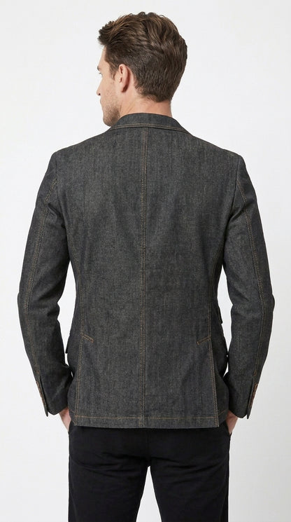 Mens Denim Cotton Blazer with Black – Smart Casual Jacket Outfit