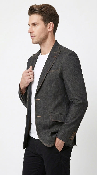 Mens Denim Cotton Blazer with Black – Smart Casual Jacket Outfit