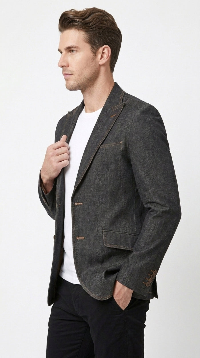 Mens Denim Cotton Blazer with Black – Smart Casual Jacket Outfit