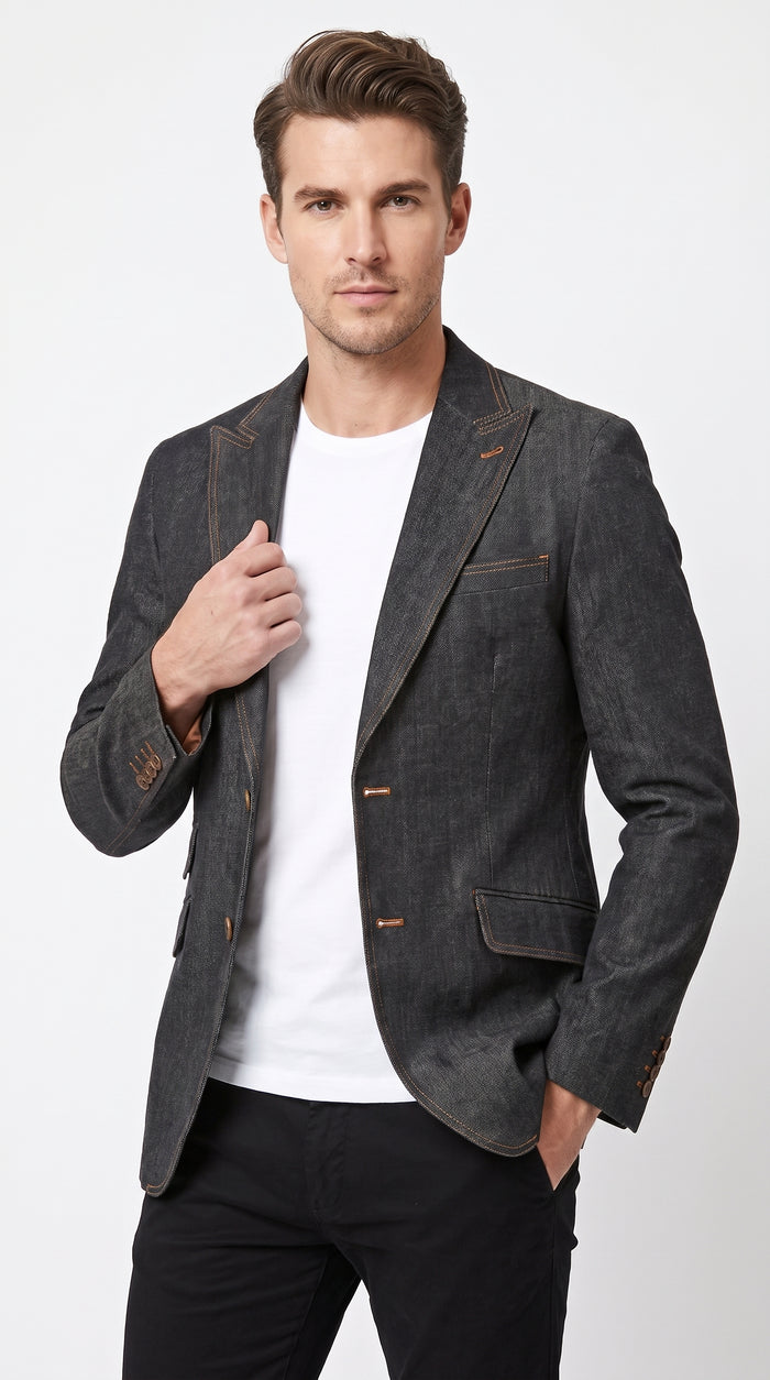 Mens Denim Cotton Blazer with Black – Smart Casual Jacket Outfit