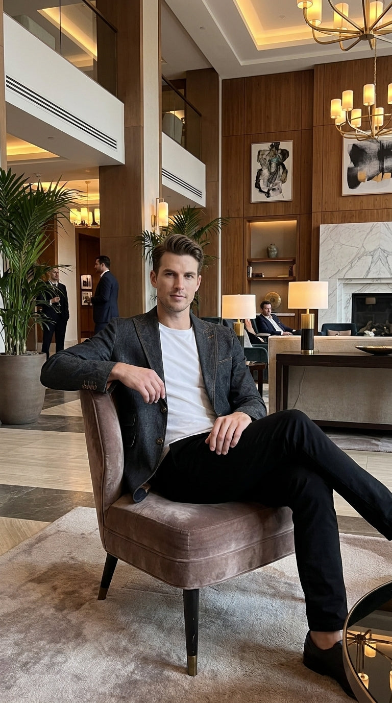 Mens Denim Cotton Blazer with Black – Smart Casual Jacket Outfit