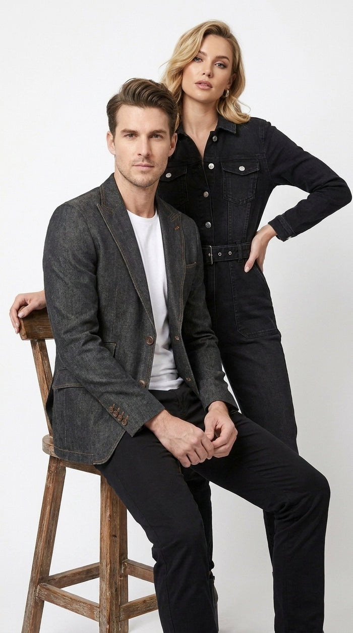 Mens Denim Cotton Blazer with Black – Smart Casual Jacket Outfit