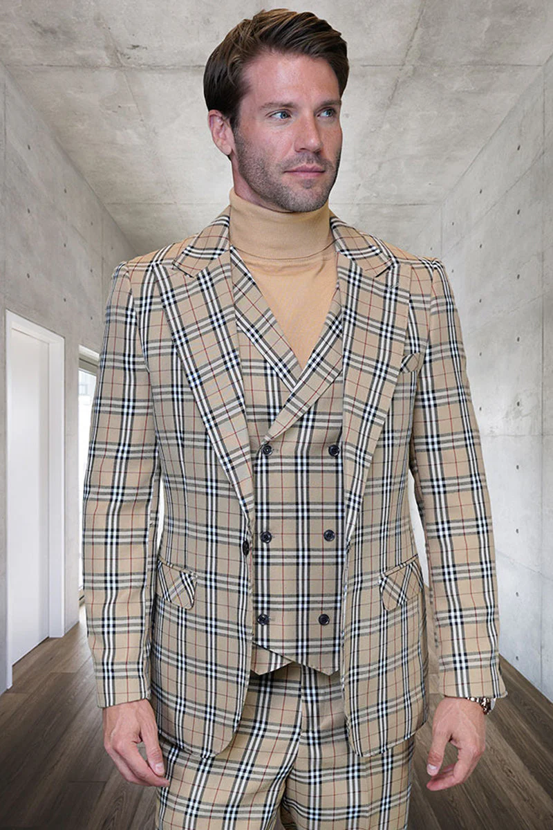 Marc Darcy Wedding Suits Men's Designer One Button Peak Lapel Vested Wool Suit in Tan & Blue Windowpane Plaid