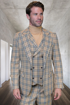 Marc Darcy Wedding Suits Men's Designer One Button Peak Lapel Vested Wool Suit in Tan & Blue Windowpane Plaid