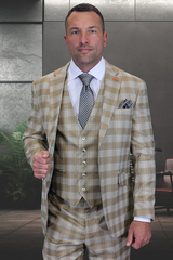Marc Darcy Wedding Suits Men's Designer Two Button Modern Fit Vested Wool Suit in Tan Glen Plaid