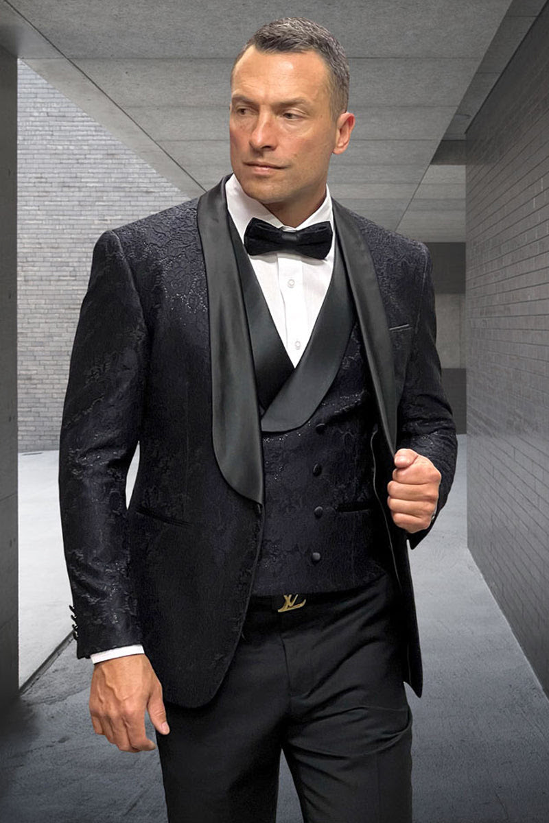 Elegant Men's Black Floral Lace Wedding Tuxedo with Vest – Designer Formal Wear - Image 9