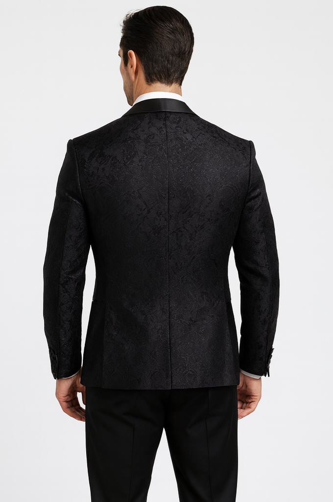 Elegant Men's Black Floral Lace Wedding Tuxedo with Vest – Designer Formal Wear - Image 2