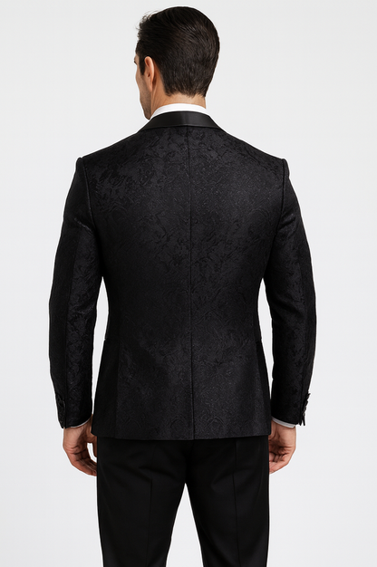 Elegant Men's Black Floral Lace Wedding Tuxedo with Vest – Designer Formal Wear - Image 2