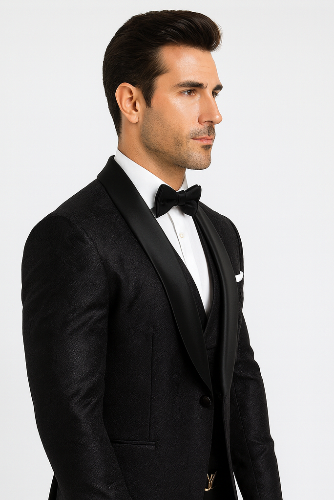 Elegant Men's Black Floral Lace Wedding Tuxedo with Vest – Designer Formal Wear - Image 3
