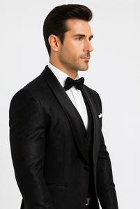 Elegant Men's Black Floral Lace Wedding Tuxedo with Vest – Designer Formal Wear