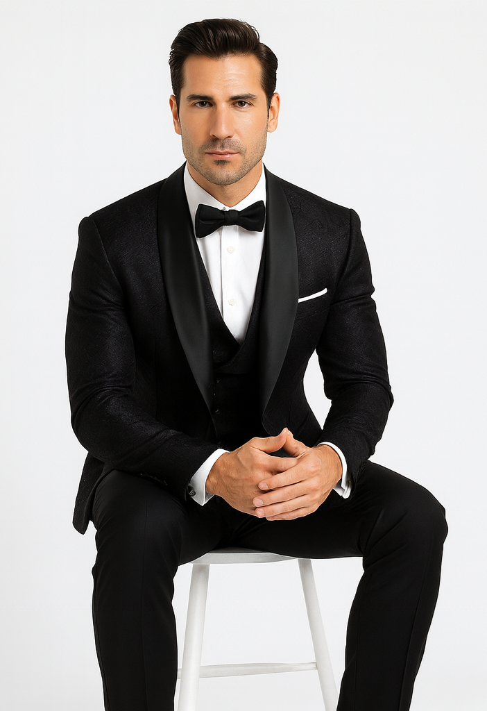 Elegant Men's Black Floral Lace Wedding Tuxedo with Vest – Designer Formal Wear - Image 4