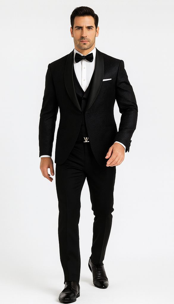 Elegant Men's Black Floral Lace Wedding Tuxedo with Vest – Designer Formal Wear - Image 5