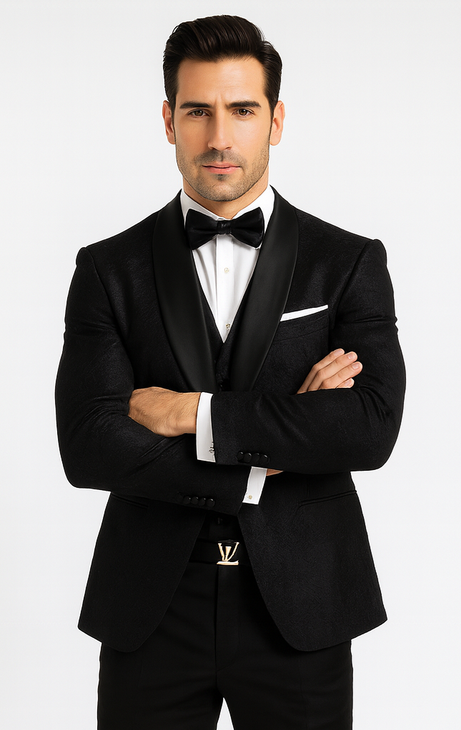 Elegant Men's Black Floral Lace Wedding Tuxedo with Vest – Designer Formal Wear - Image 6