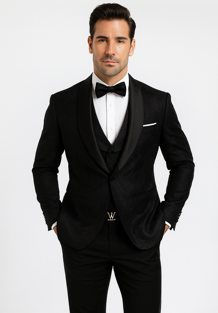 Elegant Men's Black Floral Lace Wedding Tuxedo with Vest – Designer Formal Wear - Image 7