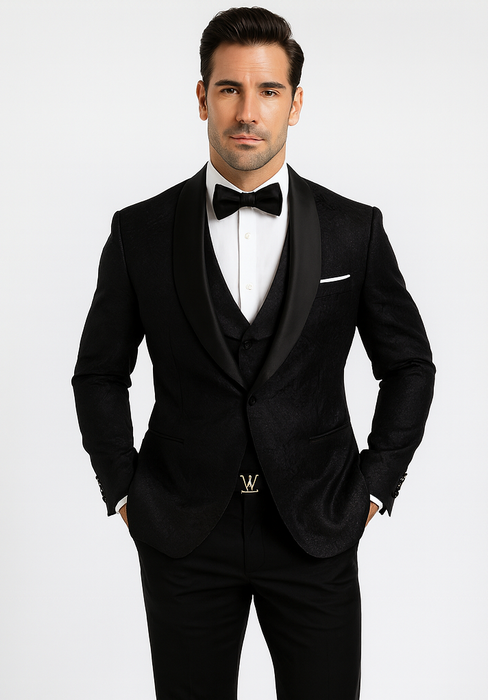 Elegant Men's Black Floral Lace Wedding Tuxedo with Vest – Designer Formal Wear