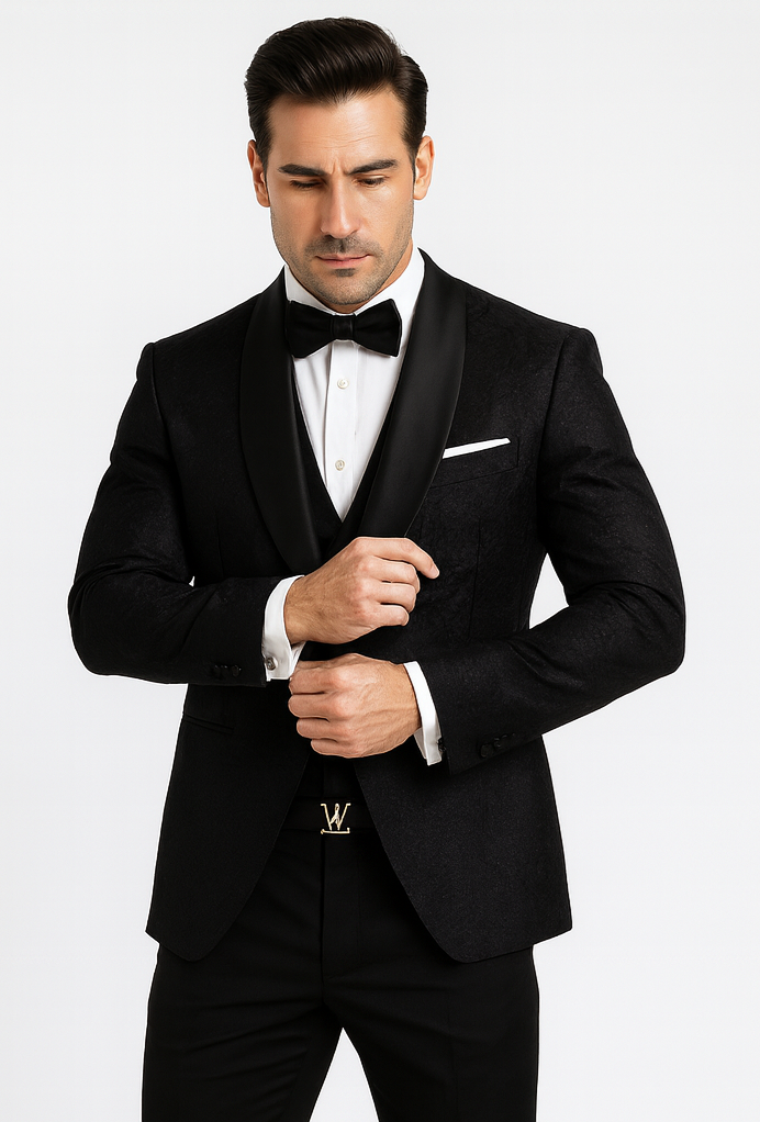 Elegant Men's Black Floral Lace Wedding Tuxedo with Vest – Designer Formal Wear - Image 8