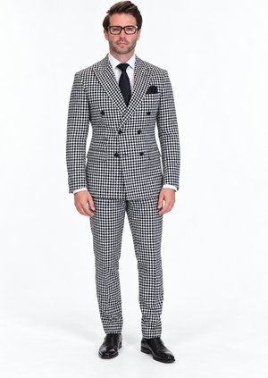 Men's Designer Wool Double Breasted Suit in Black & White Houndstooth Modern Fit