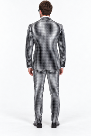 Men's Designer Wool Double Breasted Suit in Black & White Houndstooth Modern Fit