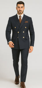 Mens Double Breasted Blazer - Wool Navy Blue Sport Coat With Gold Buttons