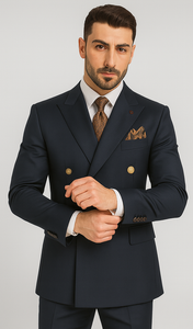 Mens Double Breasted Blazer - Wool Navy Blue Sport Coat With Gold Buttons