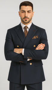 Mens Double Breasted Blazer - Wool Navy Blue Sport Coat With Gold Buttons