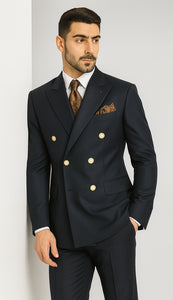 Mens Double Breasted Blazer - Wool Navy Blue Sport Coat With Gold Buttons