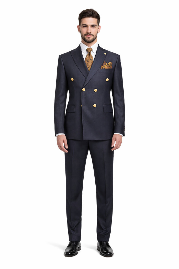 Mens Double Breasted Blazer - Wool Navy Blue Sport Coat With Gold Buttons