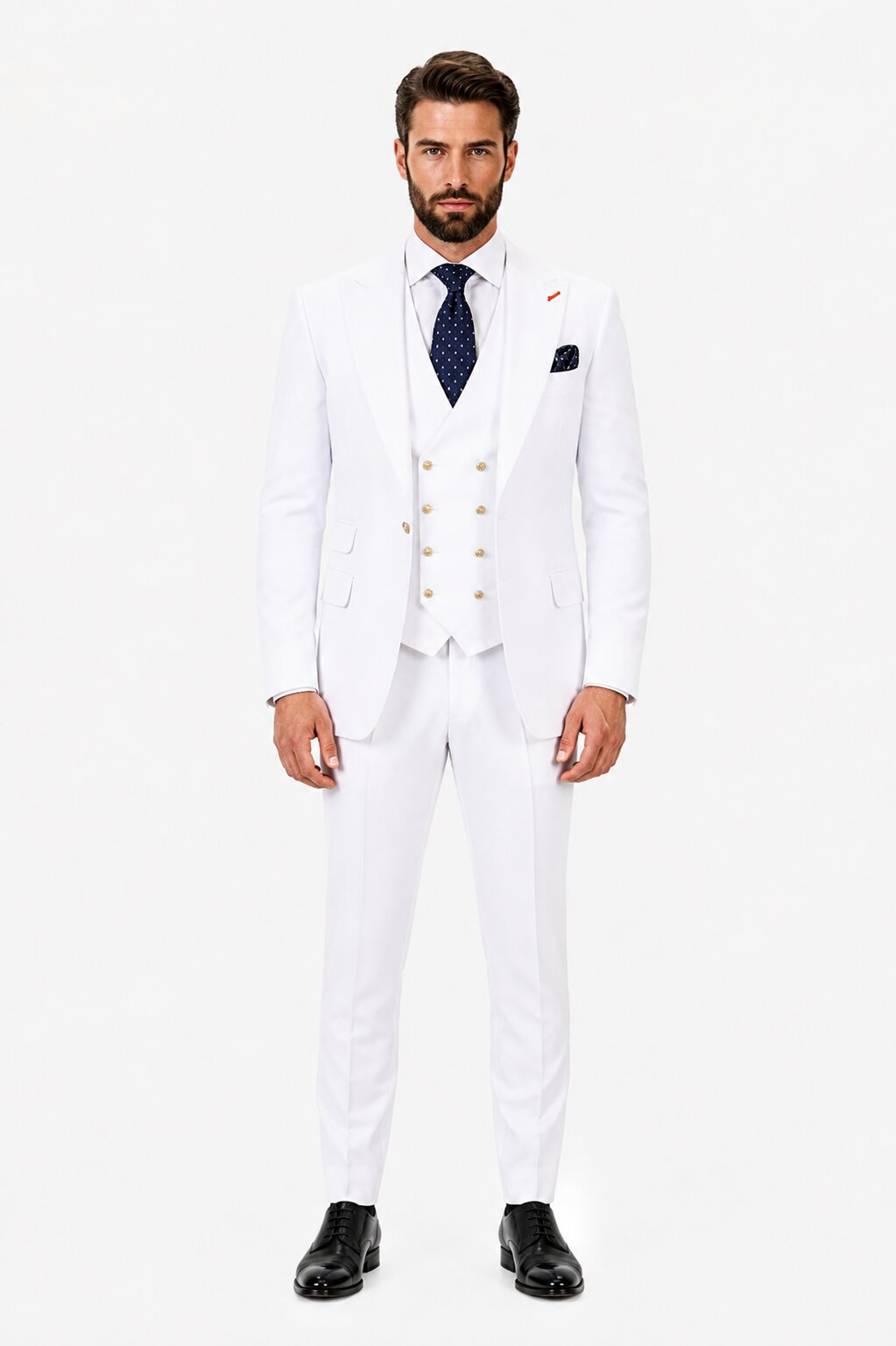 Men's White Statement Ticket Pocket Peak Lapel Wool Double Breasted Vest Suit with Gold Buttons – Modern Fit