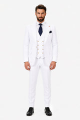 Men's White Statement Ticket Pocket Peak Lapel Wool Double Breasted Vest Suit with Gold Buttons – Modern Fit