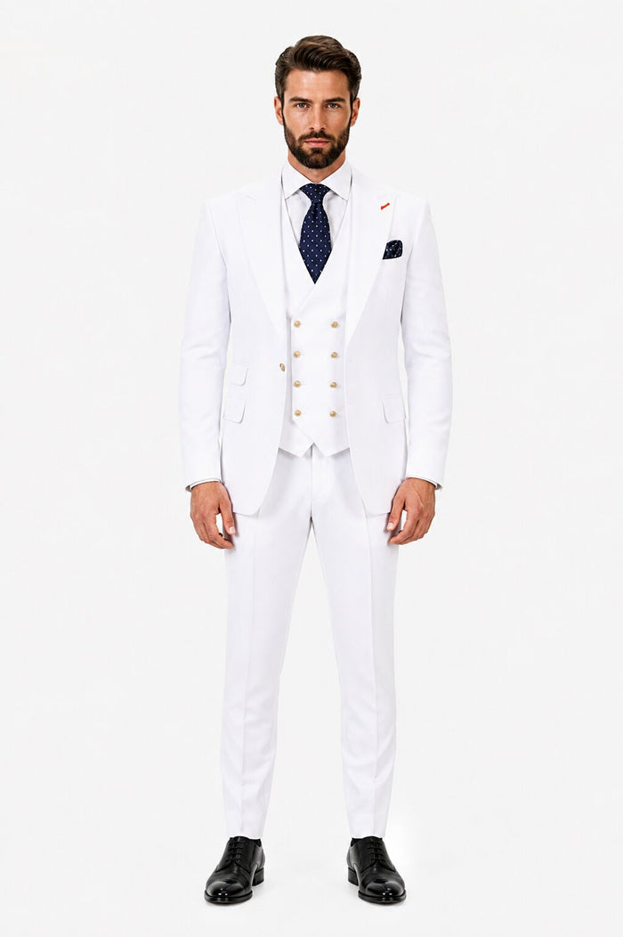 Men's White Statement Ticket Pocket Peak Lapel Wool Double Breasted Vest Suit with Gold Buttons – Modern Fit