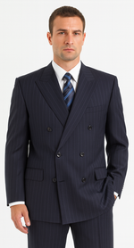 Men's Double Breasted Suits Navy Blue Suit For Men/PS Suit With Smooth Stripe ~ Pinstripe Full Canvanced Poly~Rayon Feel Pleated Pants