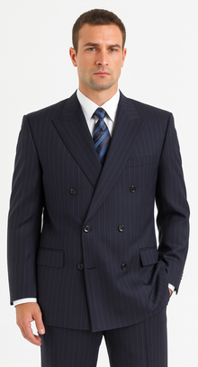 Men's Double Breasted Suits Navy Blue Suit For Men/PS Suit With Smooth Stripe ~ Pinstripe Full Canvanced Poly~Rayon Feel Pleated Pants