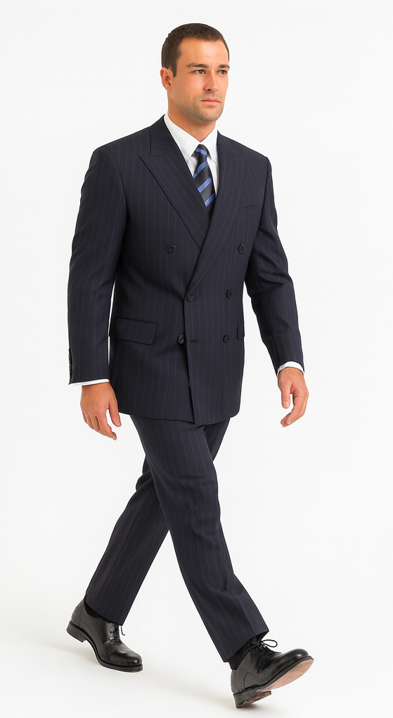 Men's Double Breasted Suits Navy Blue Suit For Men/PS Suit With Smooth Stripe ~ Pinstripe Full Canvanced Poly~Rayon Feel Pleated Pants - Image 5