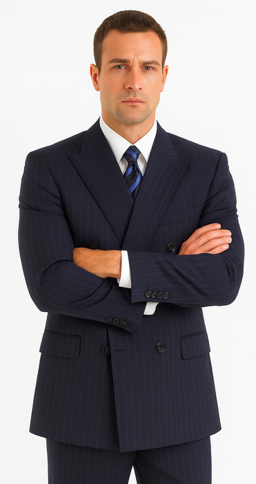 Men's Double Breasted Suits Navy Blue Suit For Men/PS Suit With Smooth Stripe ~ Pinstripe Full Canvanced Poly~Rayon Feel Pleated Pants