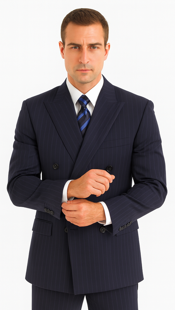 Men's Double Breasted Suits Navy Blue Suit For Men/PS Suit With Smooth Stripe ~ Pinstripe Full Canvanced Poly~Rayon Feel Pleated Pants - Image 7