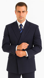 Men's Double Breasted Suits Navy Blue Suit For Men/PS Suit With Smooth Stripe ~ Pinstripe Full Canvanced Poly~Rayon Feel Pleated Pants