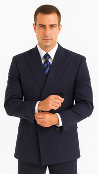Men's Double Breasted Suits Navy Blue Suit For Men/PS Suit With Smooth Stripe ~ Pinstripe Full Canvanced Poly~Rayon Feel Pleated Pants - Image 7