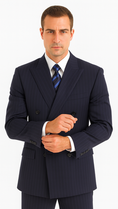 Men's Double Breasted Suits Navy Blue Suit For Men/PS Suit With Smooth Stripe ~ Pinstripe Full Canvanced Poly~Rayon Feel Pleated Pants
