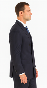 Men's Double Breasted Suits Navy Blue Suit For Men/PS Suit With Smooth Stripe ~ Pinstripe Full Canvanced Poly~Rayon Feel Pleated Pants