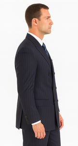 Men's Double Breasted Suits Navy Blue Suit For Men/PS Suit With Smooth Stripe ~ Pinstripe Full Canvanced Poly~Rayon Feel Pleated Pants