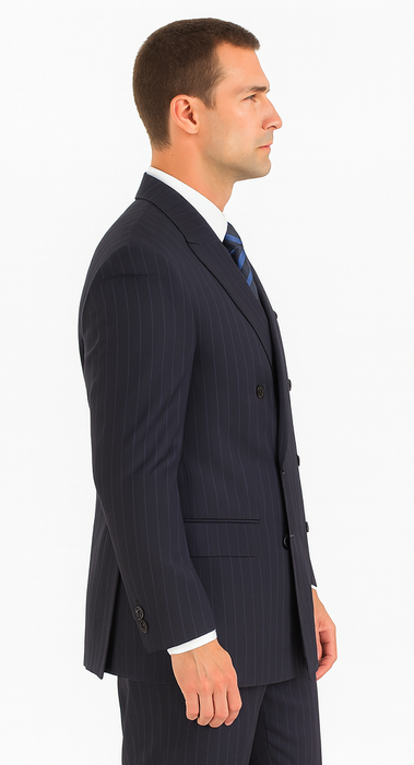 Men's Double Breasted Suits Navy Blue Suit For Men/PS Suit With Smooth Stripe ~ Pinstripe Full Canvanced Poly~Rayon Feel Pleated Pants