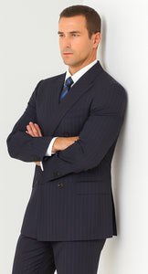 Men's Double Breasted Suits Navy Blue Suit For Men/PS Suit With Smooth Stripe ~ Pinstripe Full Canvanced Poly~Rayon Feel Pleated Pants