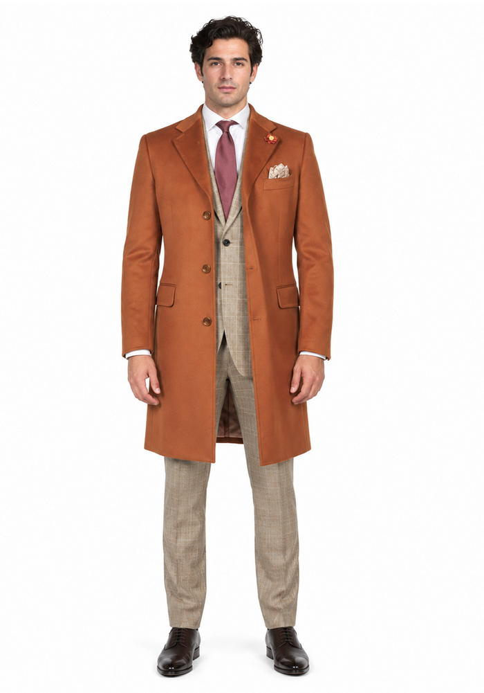 Men's Dress Coat 3 Button Copper ~ Rust ~ Cognac Dakr Orange Wool Overcoat