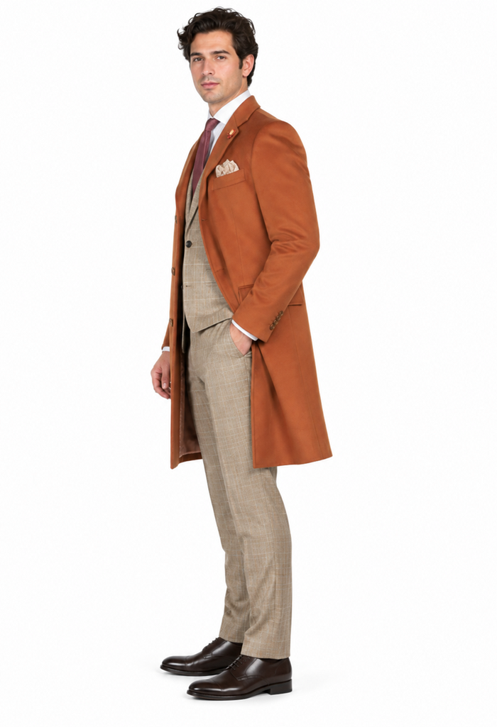 Men's Dress Coat 3 Button Copper ~ Rust ~ Cognac Dakr Orange Wool Overcoat