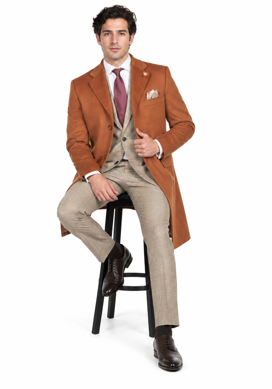 Men's Dress Coat 3 Button Copper ~ Rust ~ Cognac Dakr Orange Wool Overcoat
