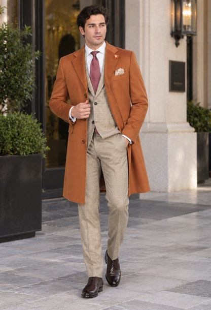 Men's Dress Coat 3 Button Copper ~ Rust ~ Cognac Dakr Orange Wool Overcoat