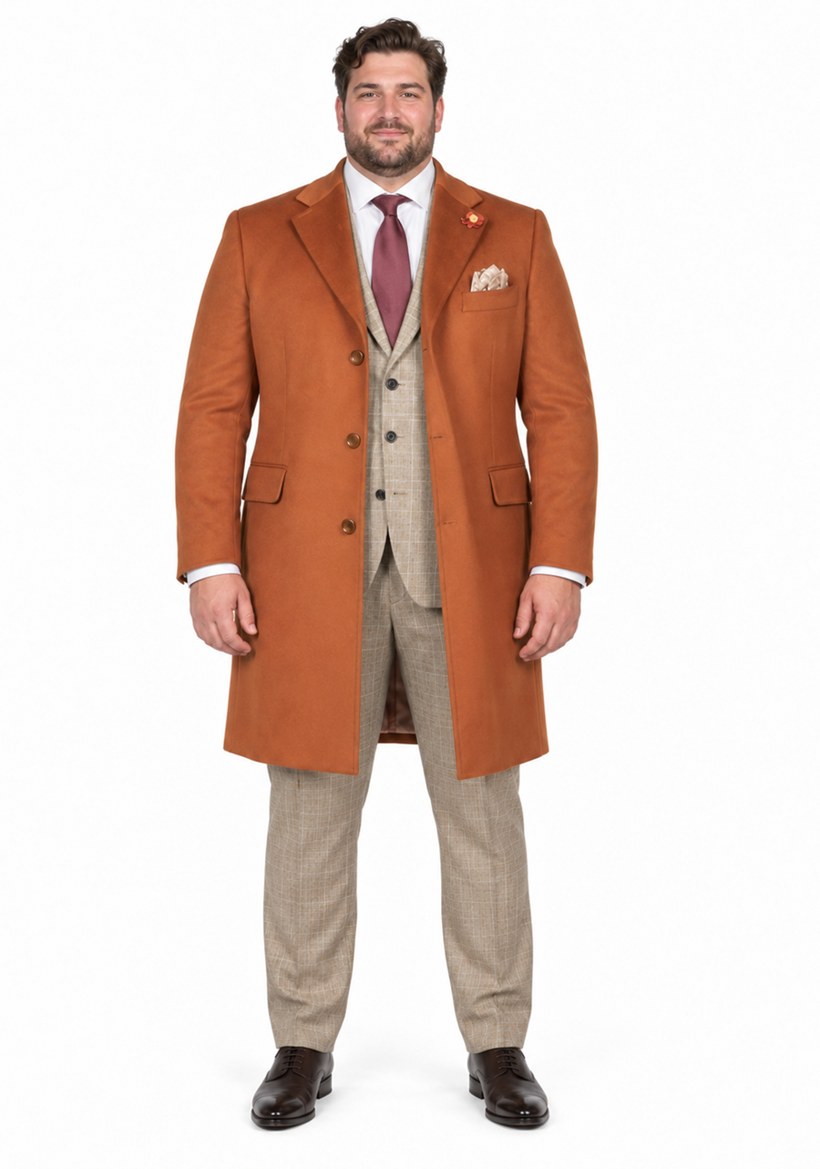 Men's Dress Coat 3 Button Copper ~ Rust ~ Cognac Dakr Orange Wool Overcoat