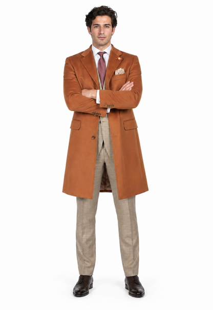 Men's Dress Coat 3 Button Copper ~ Rust ~ Cognac Dakr Orange Wool Overcoat